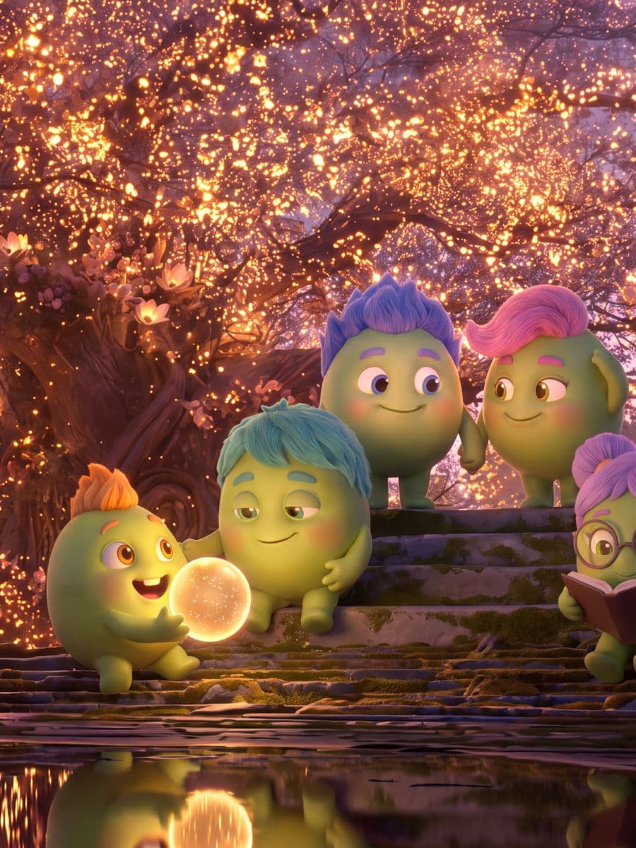 Leo holds a glowing gleam at the foot of the Heartwood while Milo, Pip, Dax and Petra gather round at dusk.